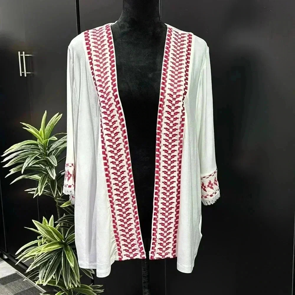 Style & Co. Global Escape cardigan,kimono, embroidered trim, tassel, 3/4  sleeve